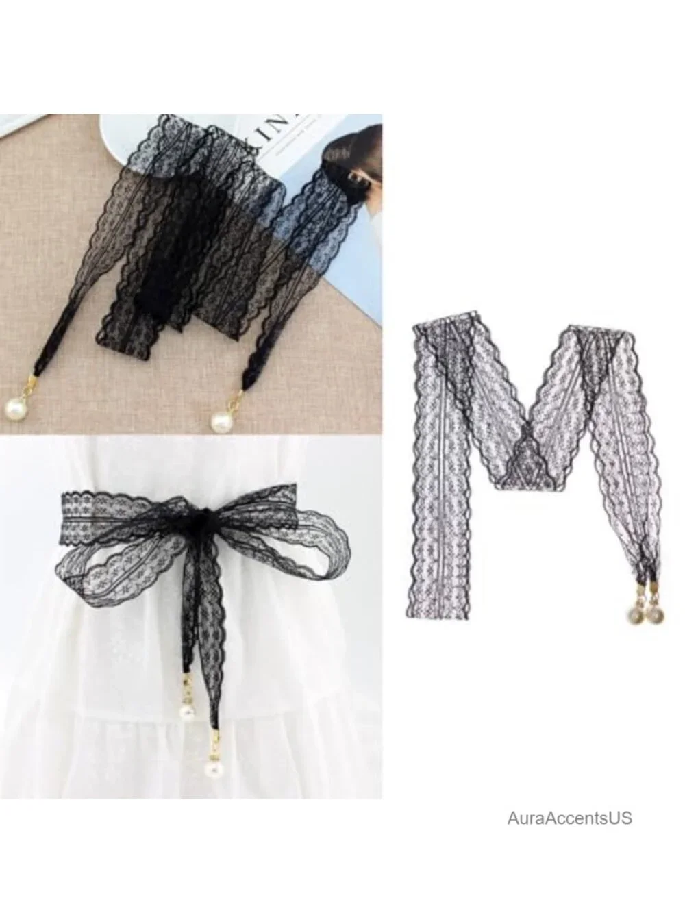 3 Pack Boho Lace Belt with Pearl Pendant Waist Belt for Dresses
